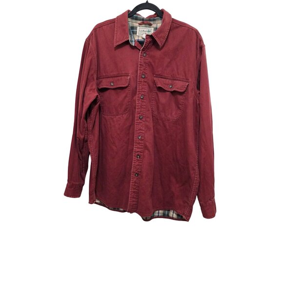 VTG L.L.Bean Men's Burgundy Y2k 90s Shirt Jacket L-REG 100% Cotton  Plaid Flanne - Picture 1 of 8